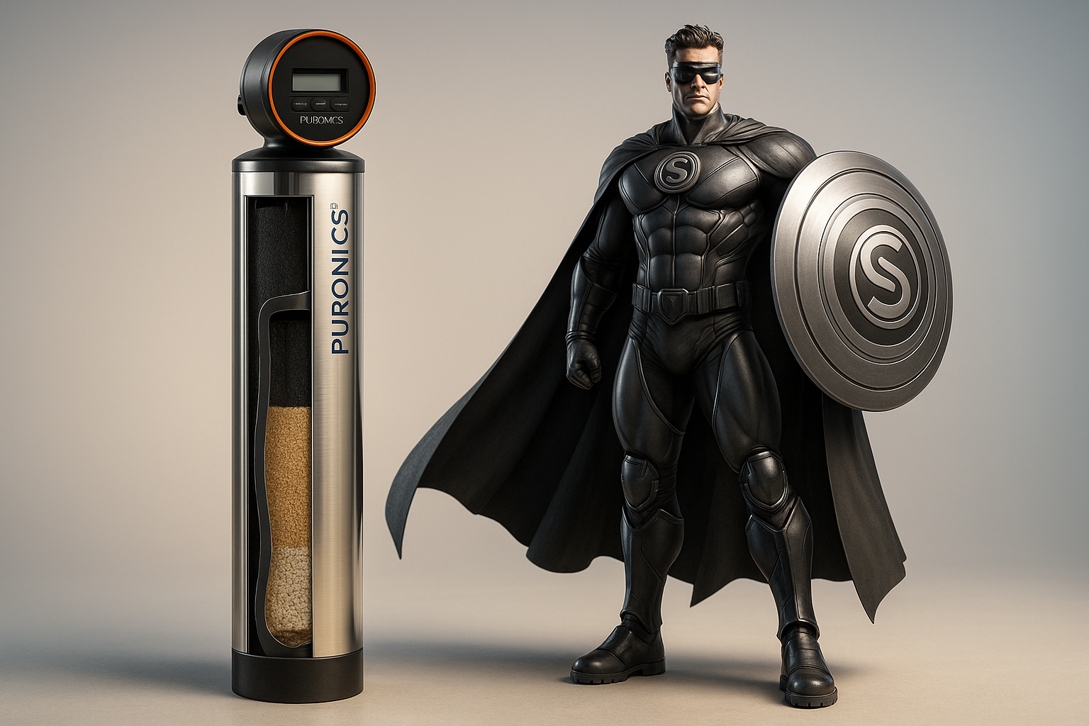 Cutaway of multi-layer whole‑home water filtration tank (no labels)